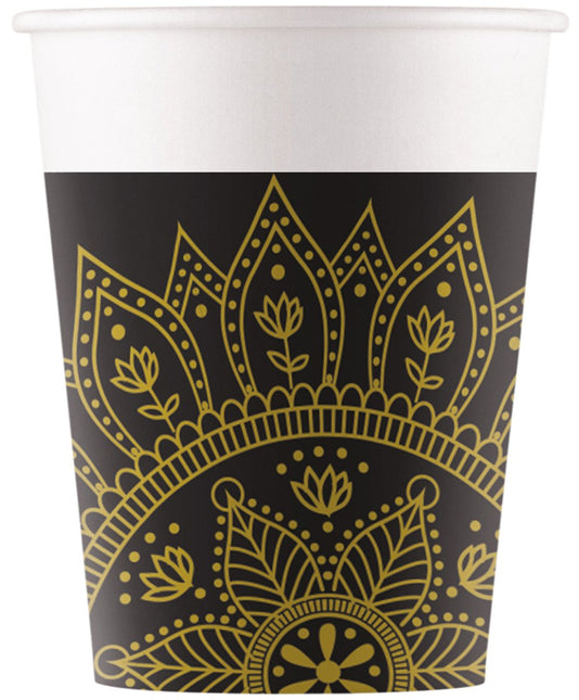 Zwart Gouden Beker Mandala 200ml 8st van Procos koop je bij Partywinkel