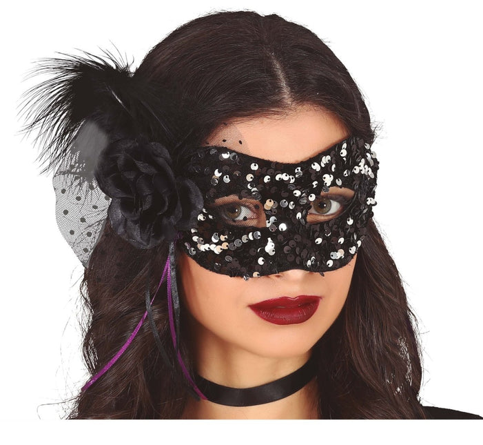 Zwart Oogmasker Bloem Pailletten van Fiestas Guirca koop je bij Partywinkel