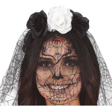 Zwart Witte Haarband Met Sluier van Fiestas Guirca koop je bij Partywinkel