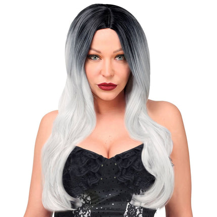 Zwart Witte Pruik Lang Haar van Widmann koop je bij Partywinkel