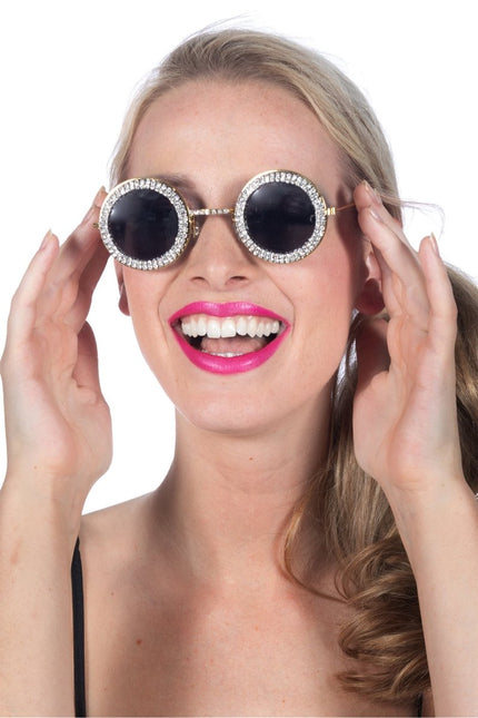 Zwart Zilveren Bril Rond Met Steentjes - Partywinkel - 8720059076192
