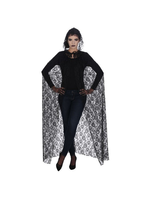 Zwarte Kanten Cape 150cm van CHAKS koop je bij Partywinkel