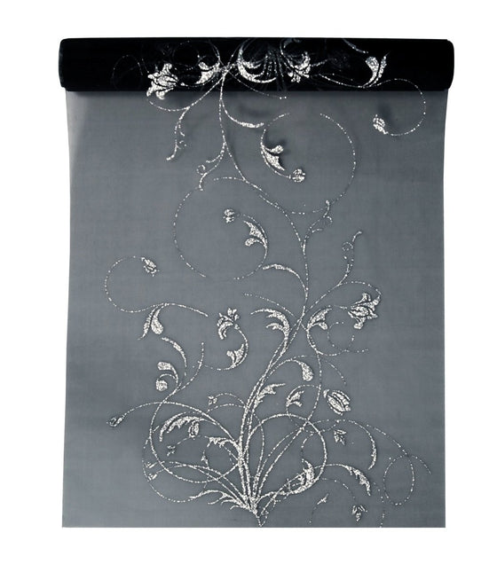 Zwarte Organza Stof Zilveren Bloemen 36cm 9m van Partydeco koop je bij Partywinkel