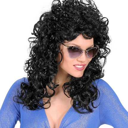 Zwarte Pruik Half Lang Haar Krullen van Widmann koop je bij Partywinkel