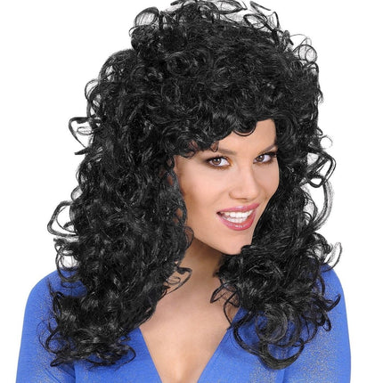 Zwarte Pruik Half Lang Haar Krullen van Widmann koop je bij Partywinkel