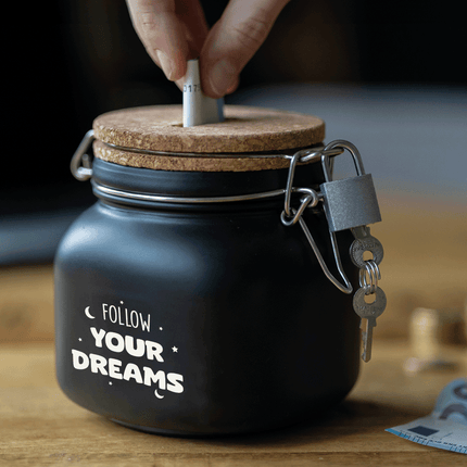 Zwarte Spaarpot Follow Your Dreams 12,5cm - Partywinkel - 8716764239946