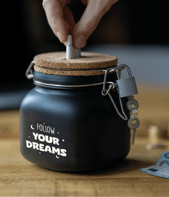 Zwarte Spaarpot Follow Your Dreams 12,5cm - Partywinkel - 8716764239946