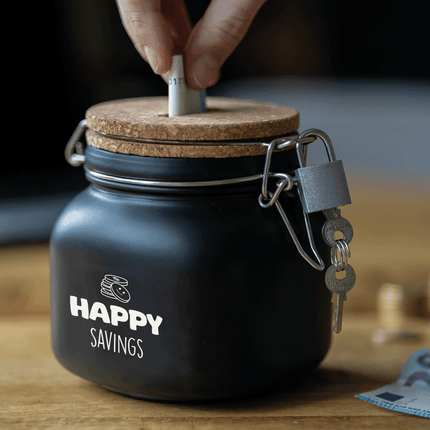 Zwarte Spaarpot Happy Savings 12,5cm - Partywinkel - 8716764239854