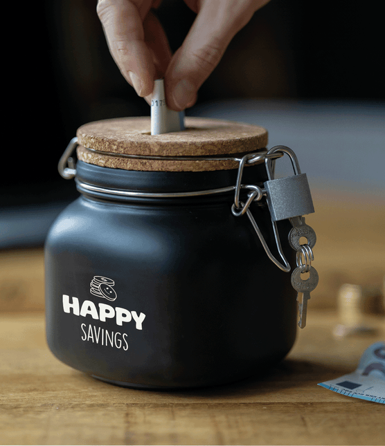 Zwarte Spaarpot Happy Savings 12,5cm - Partywinkel - 8716764239854