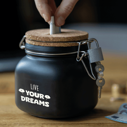 Zwarte Spaarpot Live Your Dreams 12,5cm - Partywinkel - 8716764240034