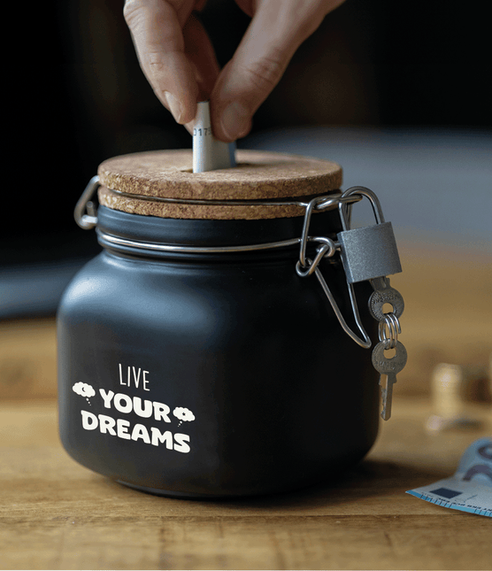 Zwarte Spaarpot Live Your Dreams 12,5cm - Partywinkel - 8716764240034