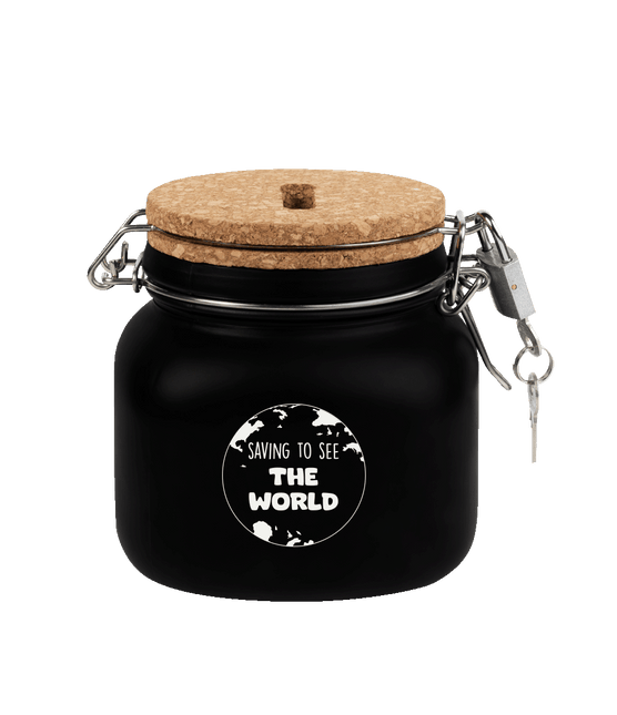 Zwarte Spaarpot Saving To See The World 12,5cm - Partywinkel - 8716764240096
