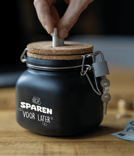Zwarte Spaarpot Sparen Voor Later 12,5cm van Paper Dreams koop je bij Partywinkel