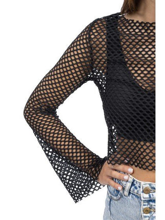 Zwarte Visnet Crop Top Met Uitlopende Mouwen van CHAKS koop je bij Partywinkel